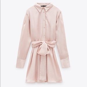 Zara Satin Tie Waist Long Sleeve Mini Dress